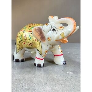 S.A.C. Product Jaipur Hand Painted Marble Elephant Figurine Trunk Up Gold Decor